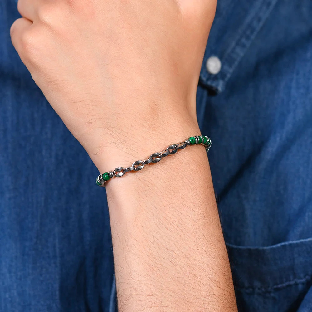 Bracciale Uomo Luca Barra Acciaio Sfere Pietre Verdi Elemento Centrale in Maglia Marinara