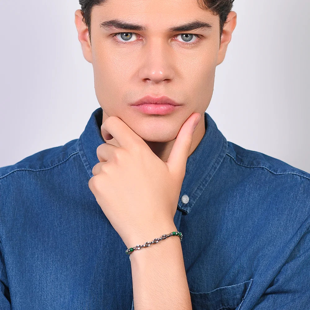 Bracciale Uomo Luca Barra Acciaio Sfere Pietre Verdi Elemento Centrale in Maglia Marinara