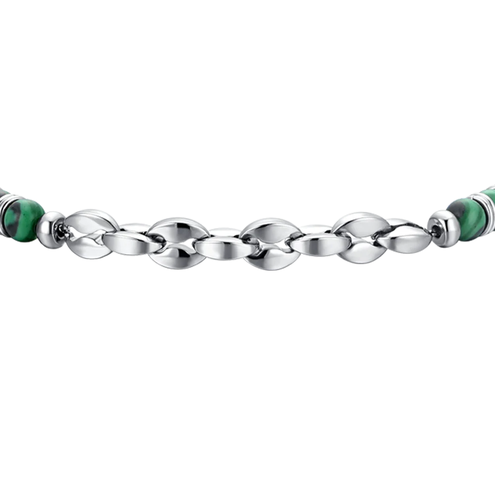 Bracciale Uomo Luca Barra Acciaio Sfere Pietre Verdi Elemento Centrale in Maglia Marinara