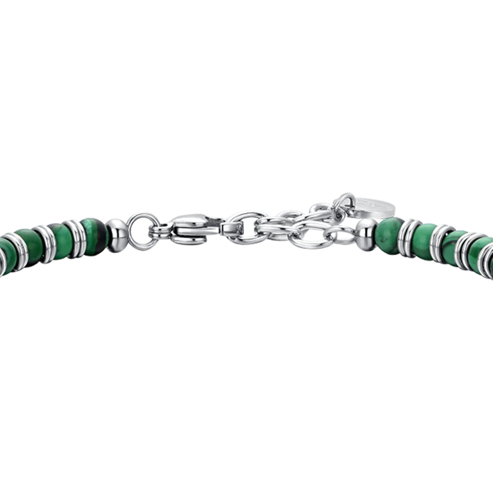 Bracciale Uomo Luca Barra Acciaio Sfere Pietre Verdi Elemento Centrale in Maglia Marinara
