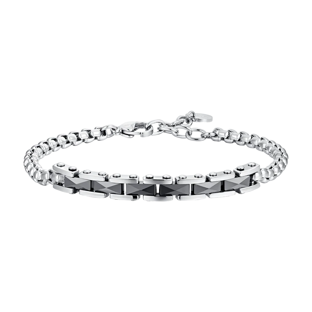 Bracciale Uomo Luca Barra Acciaio Catena Rolò Quadrata Con Elementi Centrali Ceramica Nera