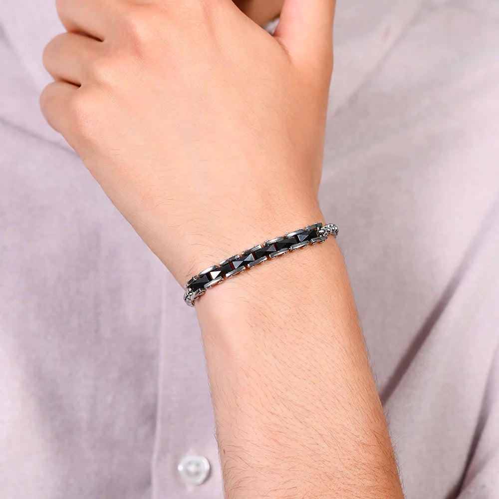 Bracciale Uomo Luca Barra Acciaio Catena Rolò Quadrata Con Elementi Centrali Ceramica Nera