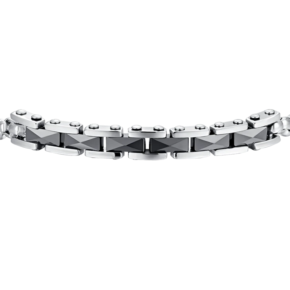 Bracciale Uomo Luca Barra Acciaio Catena Rolò Quadrata Con Elementi Centrali Ceramica Nera