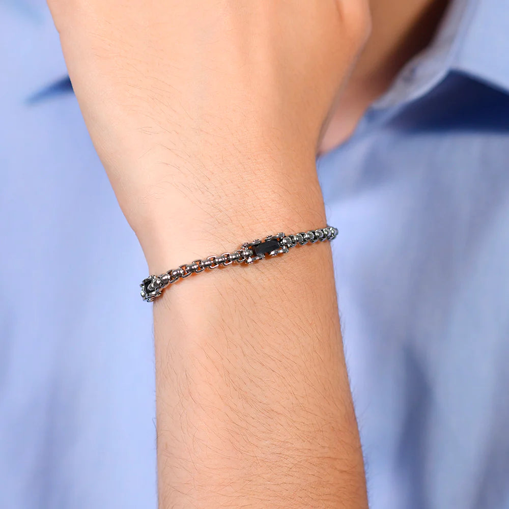 Bracciale Uomo Luca Barra Acciaio Catena Rolò Quadrata Con Elementi Ceramica Nera