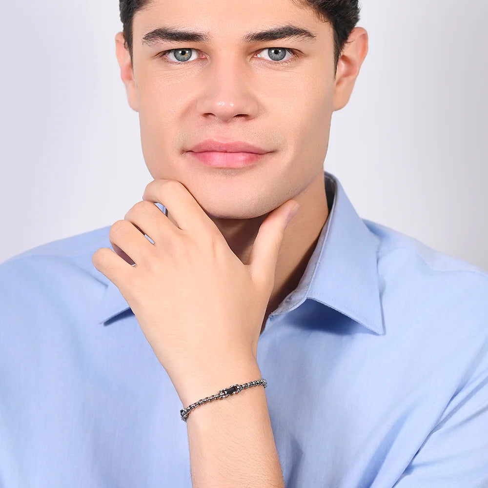 Bracciale Uomo Luca Barra Acciaio Catena Rolò Quadrata Con Elementi Ceramica Nera