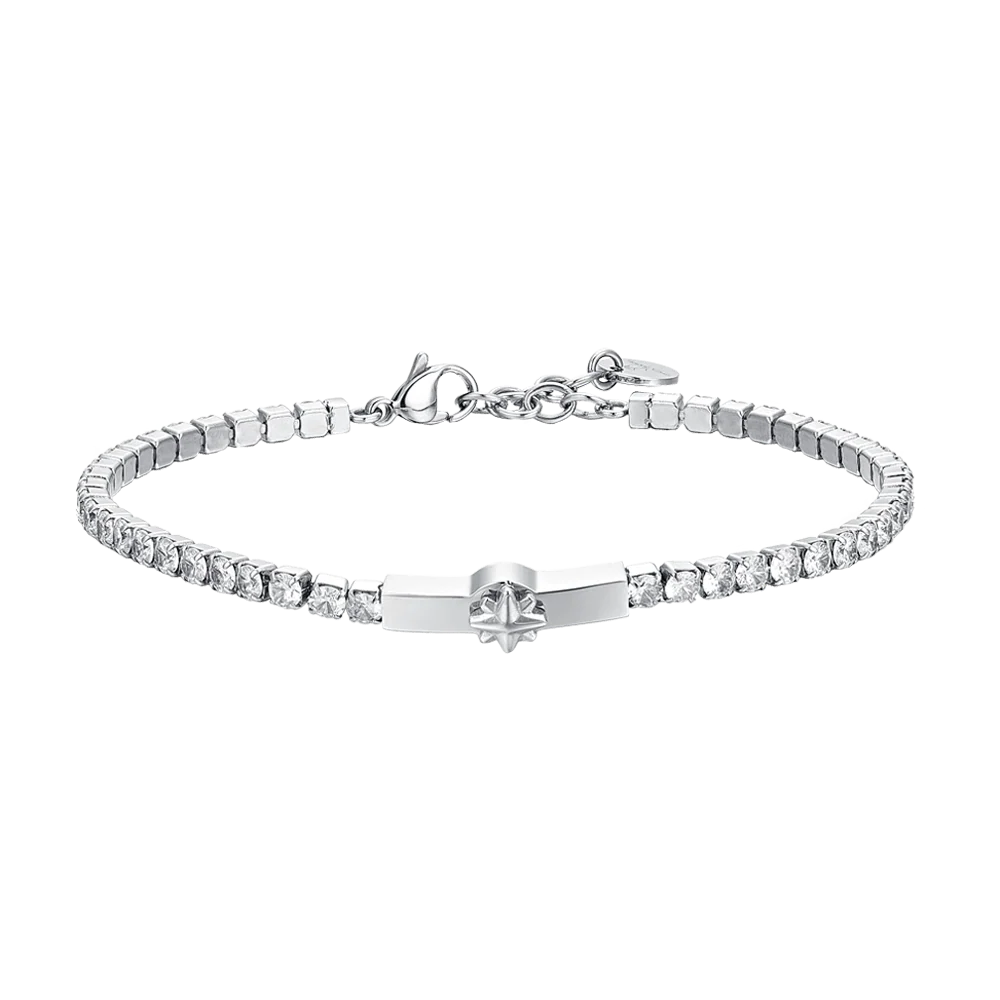 Bracciale Uomo Luca Barra Tennis Zirconi Targhetta Centrale e Rosa Dei Venti In Acciaio
