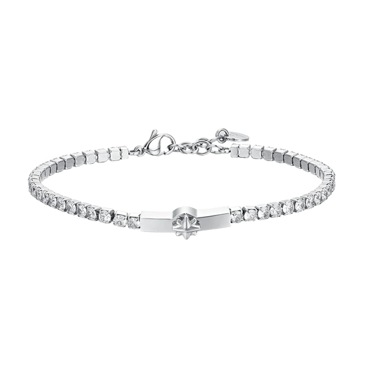 Bracciale Uomo Luca Barra Tennis Zirconi Targhetta Centrale e Rosa Dei Venti In Acciaio