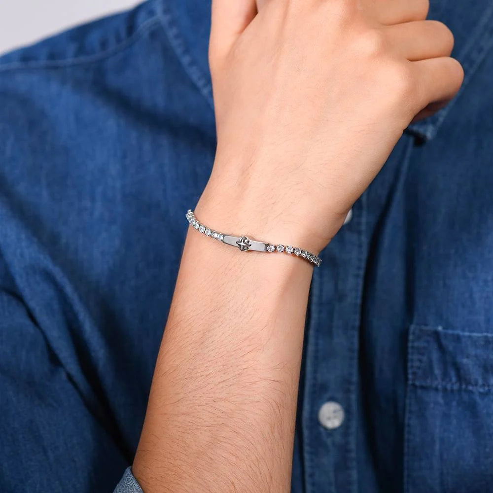 Bracciale Uomo Luca Barra Tennis Zirconi Targhetta Centrale e Rosa Dei Venti In Acciaio