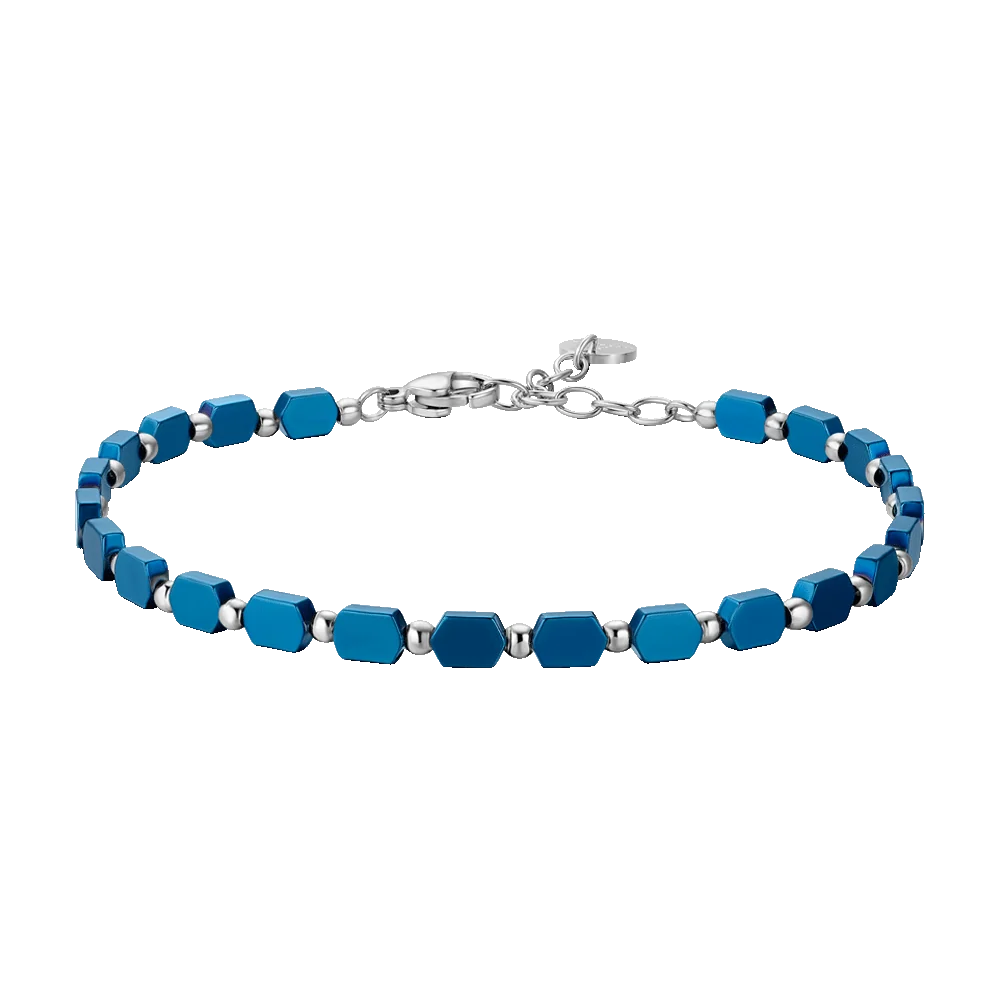 Bracciale Uomo Luca Barra Acciaio Maglie Esagonali Ematite Blu