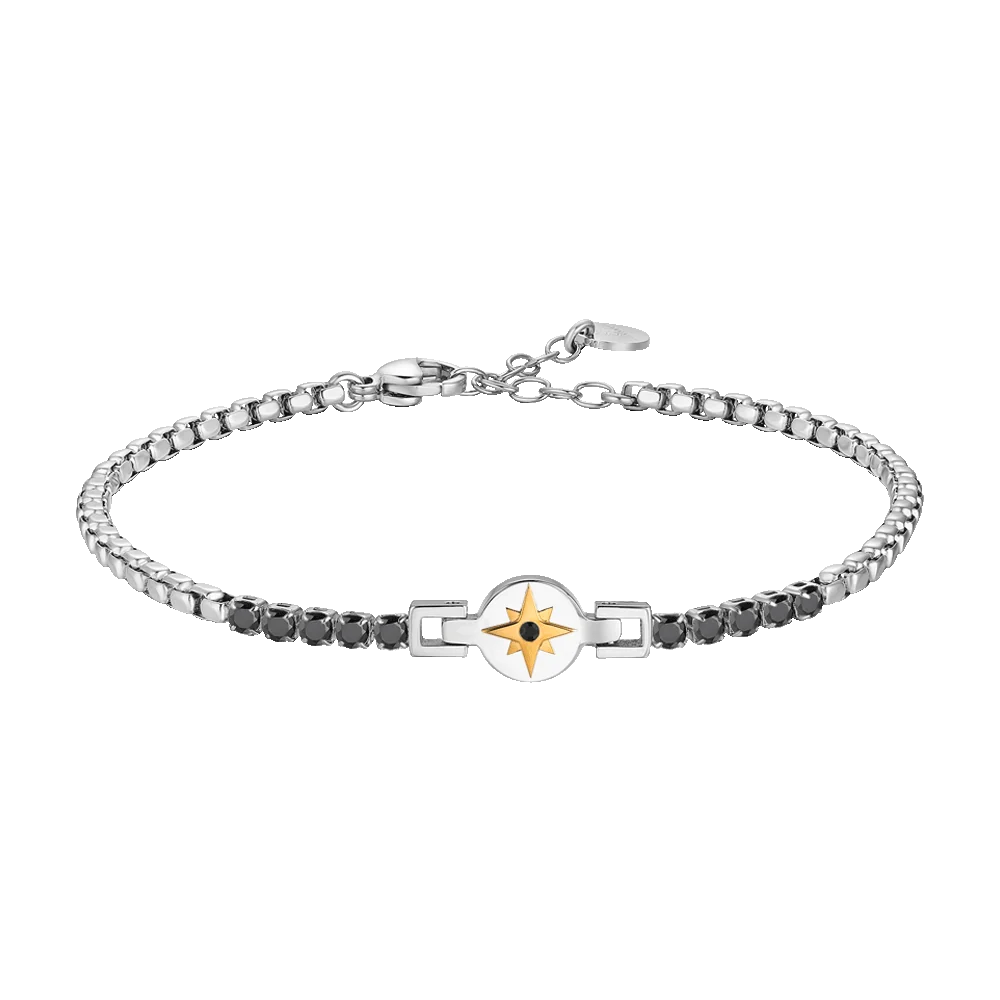 Bracciale Uomo Luca Barra Acciaio Centrale Cristalli Neri Elemento Tondo Rosa Dei Venti Pvd Oro
