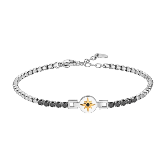 Bracciale Uomo Luca Barra Acciaio Centrale Cristalli Neri Elemento Tondo Rosa Dei Venti Pvd Oro