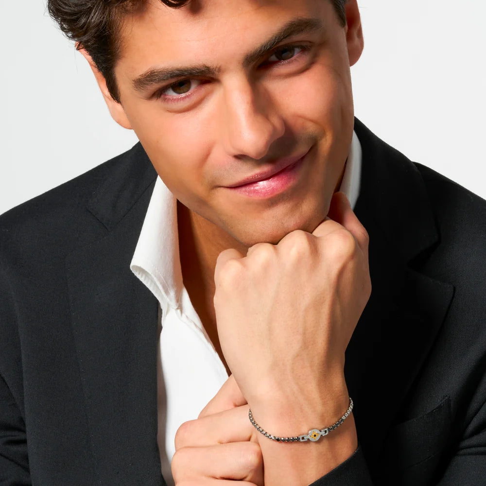 Bracciale Uomo Luca Barra Acciaio Centrale Cristalli Neri Elemento Tondo Rosa Dei Venti Pvd Oro