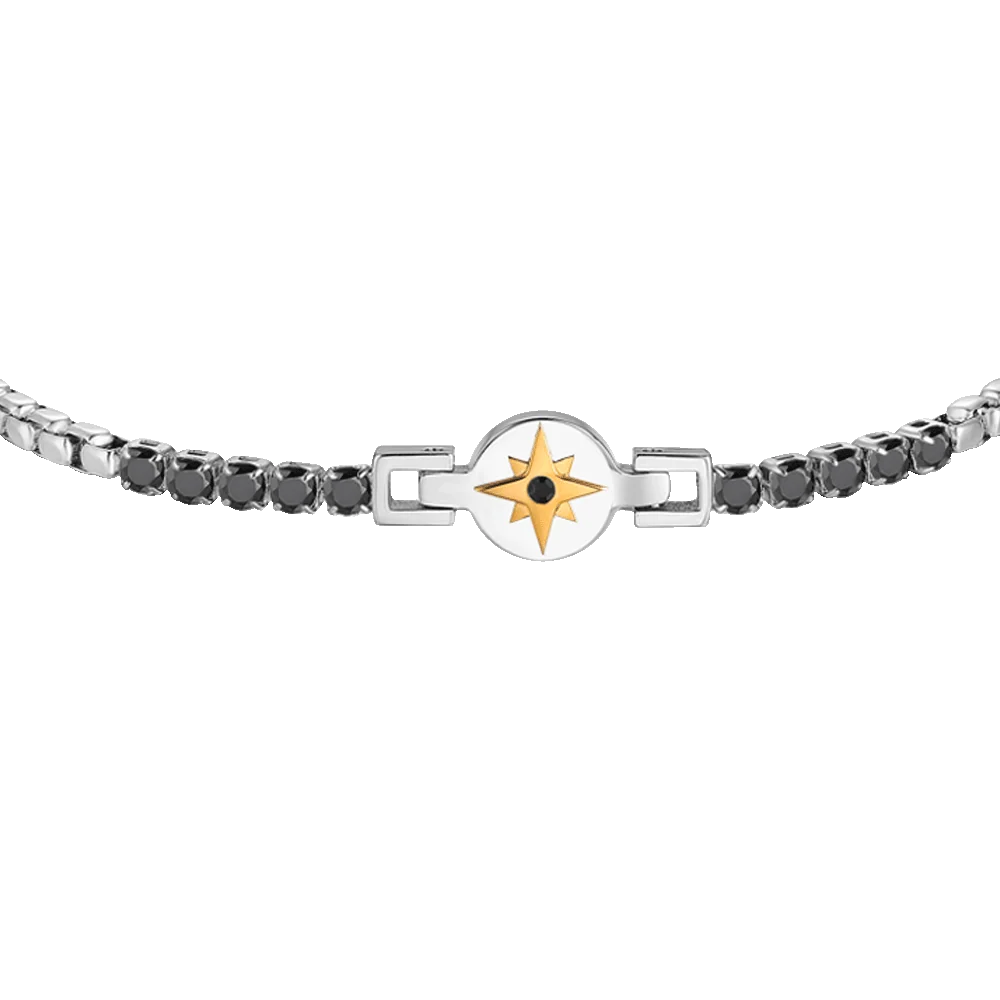 Bracciale Uomo Luca Barra Acciaio Centrale Cristalli Neri Elemento Tondo Rosa Dei Venti Pvd Oro