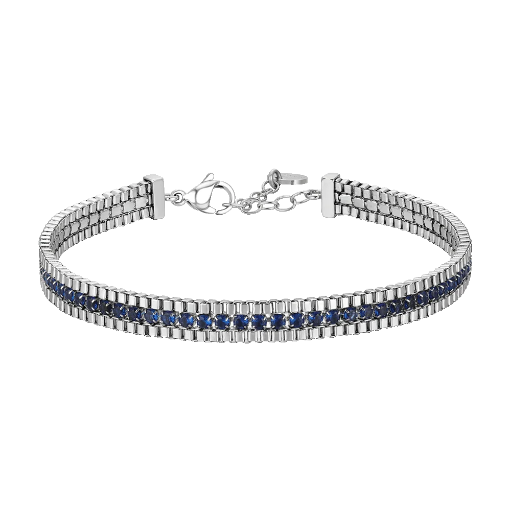 Bracciale Tennis Uomo Luca Barra Acciaio Cristalli Blu Laterali 2 File Maglia Squadrata