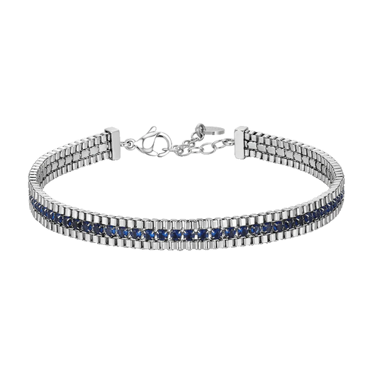 Bracciale Tennis Uomo Luca Barra Acciaio Cristalli Blu Laterali 2 File Maglia Squadrata
