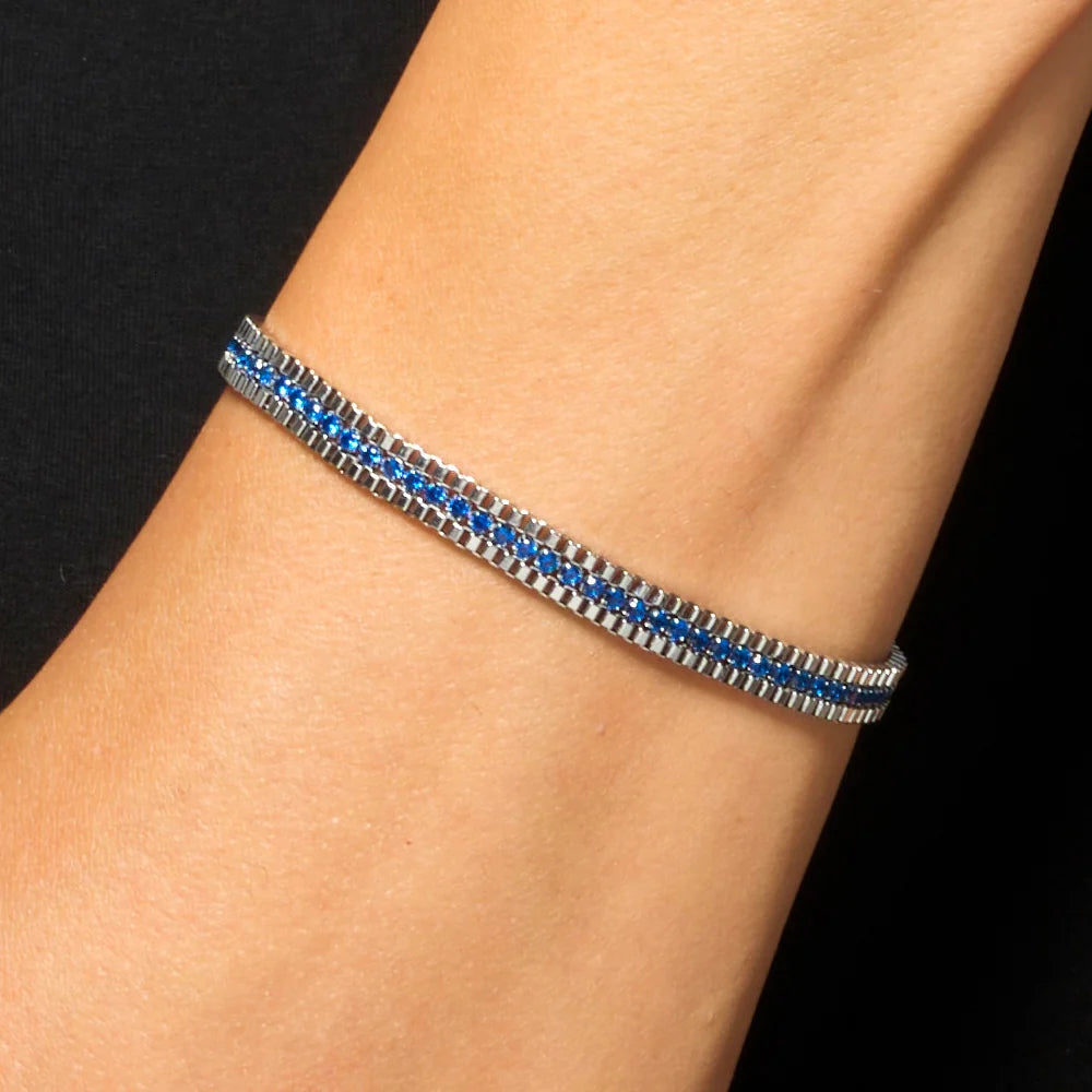 Bracciale Tennis Uomo Luca Barra Acciaio Cristalli Blu Laterali 2 File Maglia Squadrata