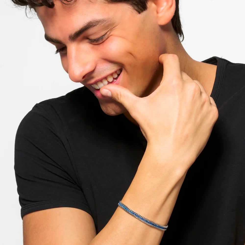 Bracciale Tennis Uomo Luca Barra Acciaio Cristalli Blu Laterali 2 File Maglia Squadrata