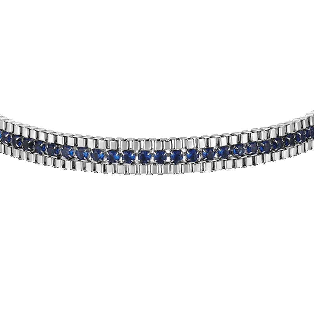 Bracciale Tennis Uomo Luca Barra Acciaio Cristalli Blu Laterali 2 File Maglia Squadrata