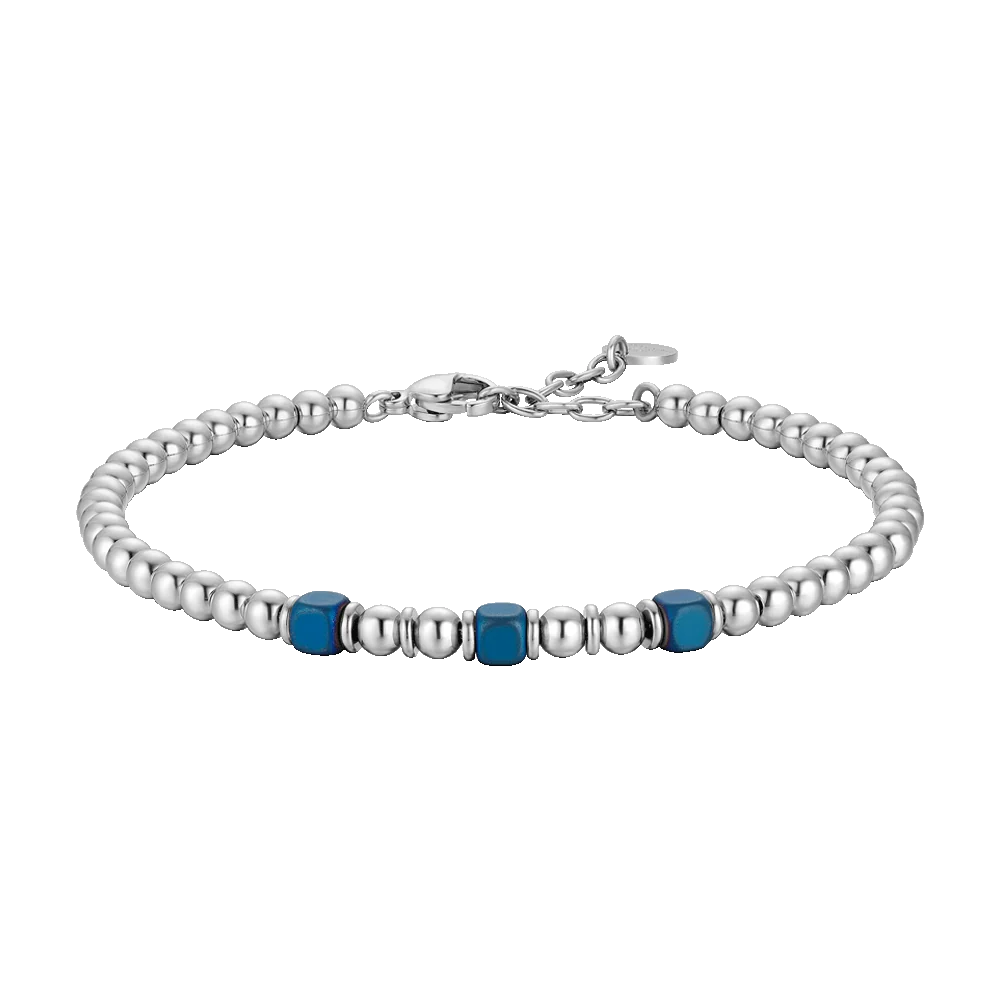 Bracciale Uomo Luca Barra Sferette Acciaio + 3 Cubetti Ematite Blu