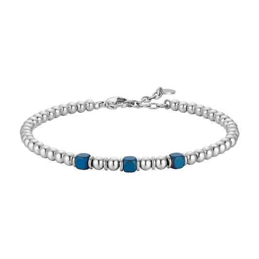 Bracciale Uomo Luca Barra Sferette Acciaio + 3 Cubetti Ematite Blu