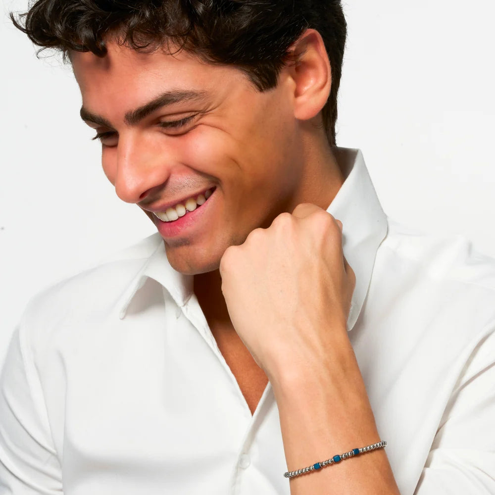 Bracciale Uomo Luca Barra Sferette Acciaio + 3 Cubetti Ematite Blu