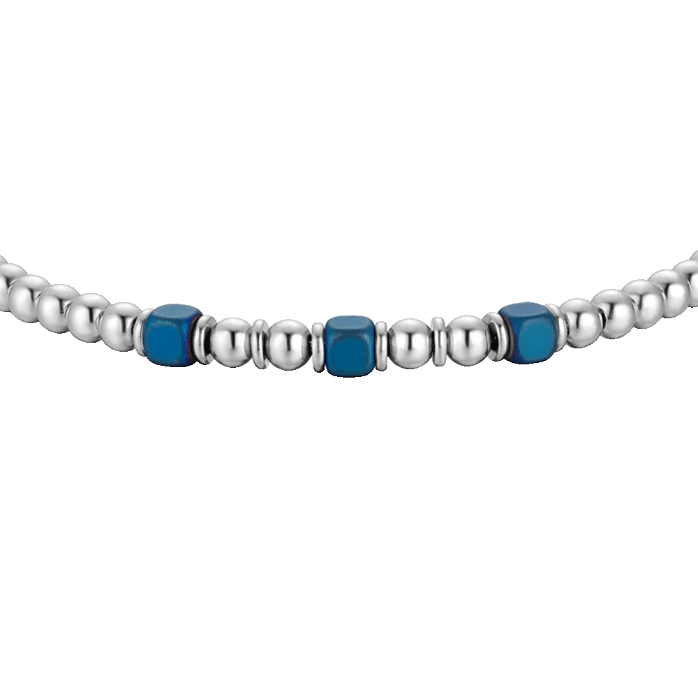 Bracciale Uomo Luca Barra Sferette Acciaio + 3 Cubetti Ematite Blu