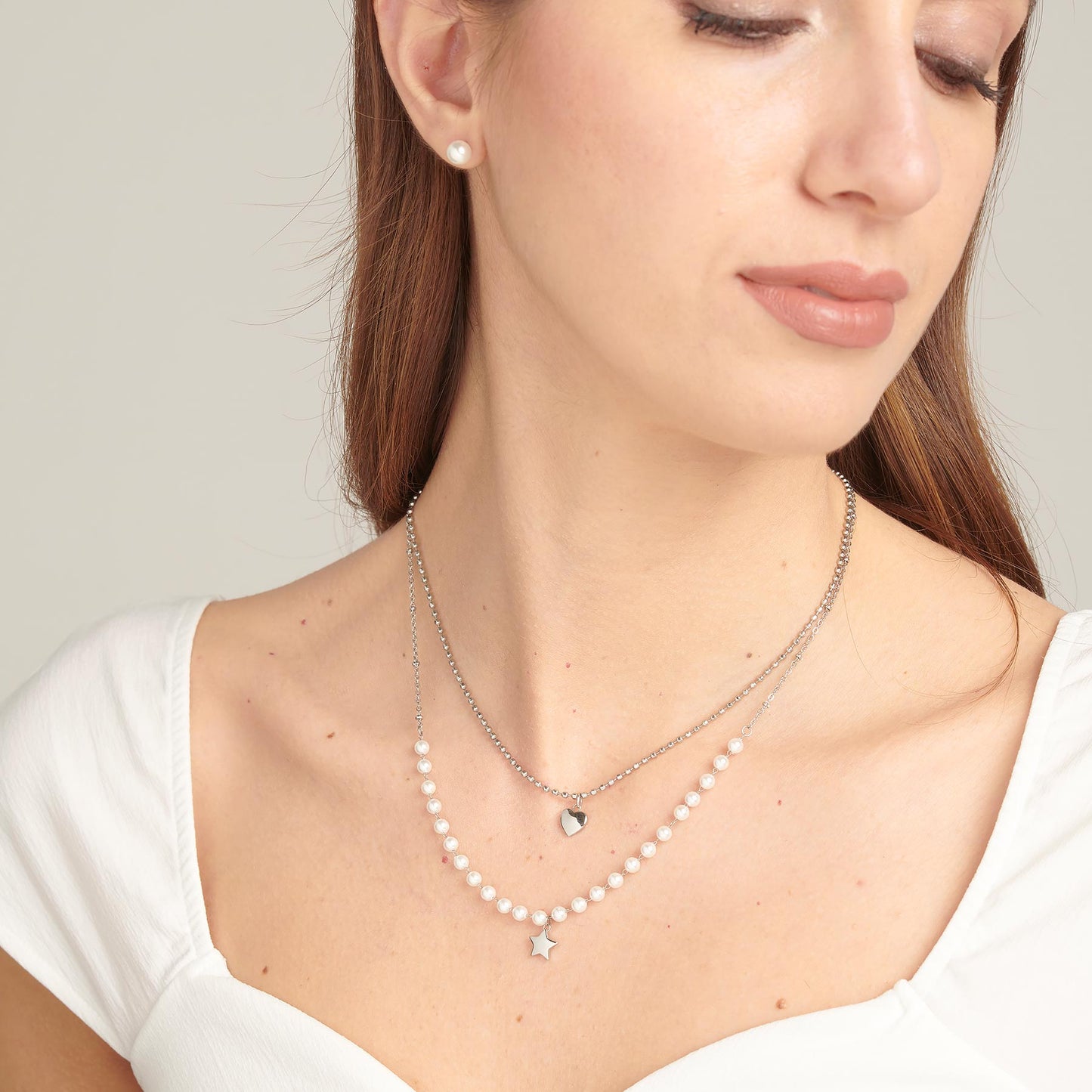 Collana Brosway Chant Acciaio Doppio Filo Con Perline E Pendente Stella+Cuore