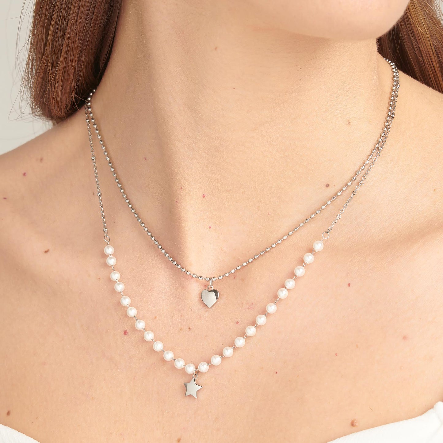 Collana Brosway Chant Acciaio Doppio Filo Con Perline E Pendente Stella+Cuore