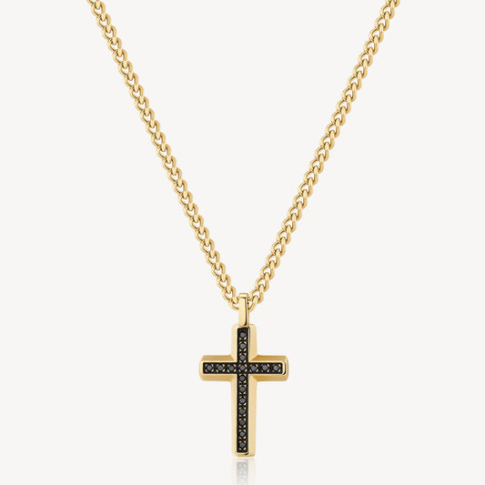 Collana Brosway Backliner Pvd Oro Pendente Croce Zirconi Neri