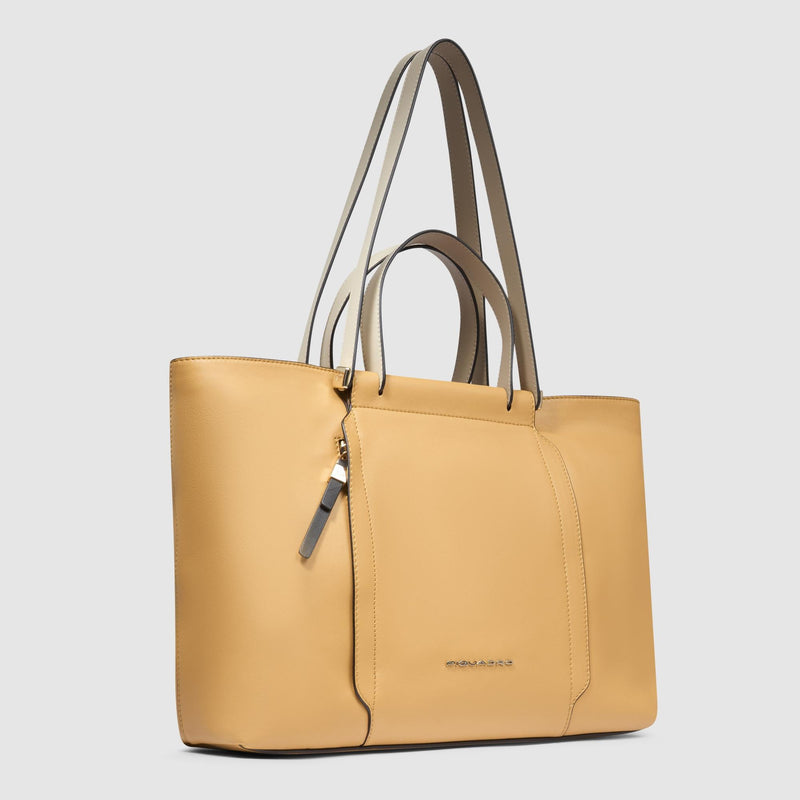 Borse Lavoro Piquadro Borsa Donna Porta Pc Ipad Quattro Manici Pelle Gialla Beige
