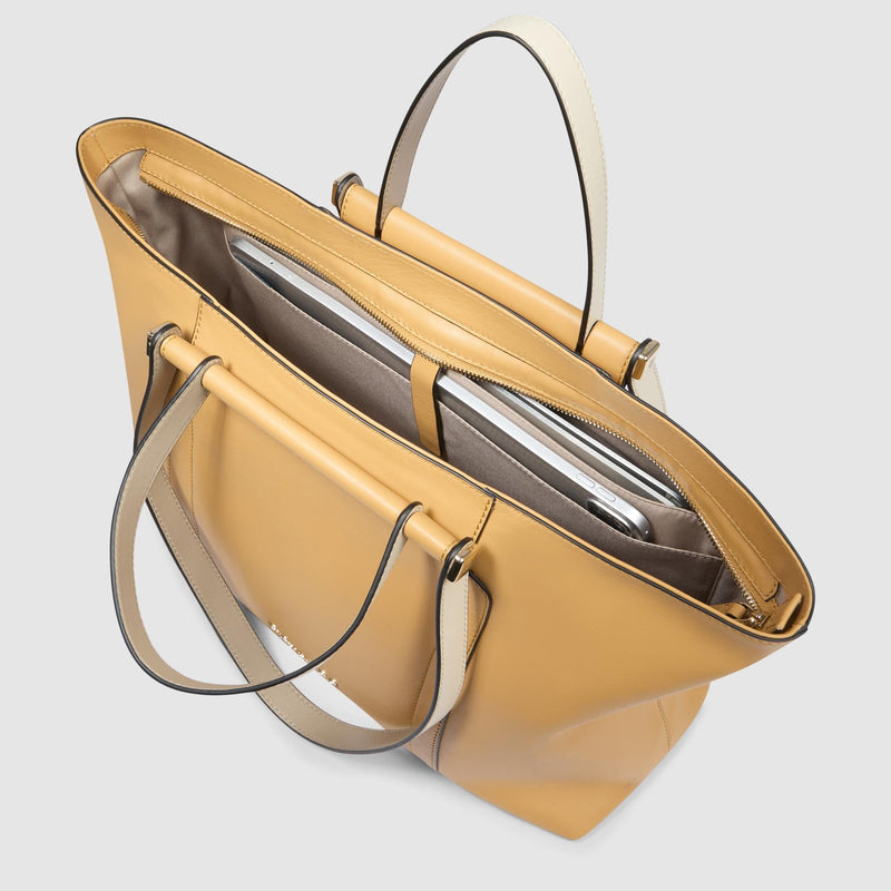 Borse Lavoro Piquadro Borsa Donna Porta Pc Ipad Quattro Manici Pelle Gialla Beige