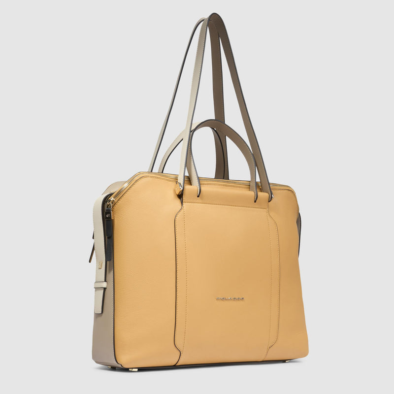 Borse Lavoro Piquadro Borsa Donna Porta Pc Ipad Quattro Manici Pelle Gialla Beige