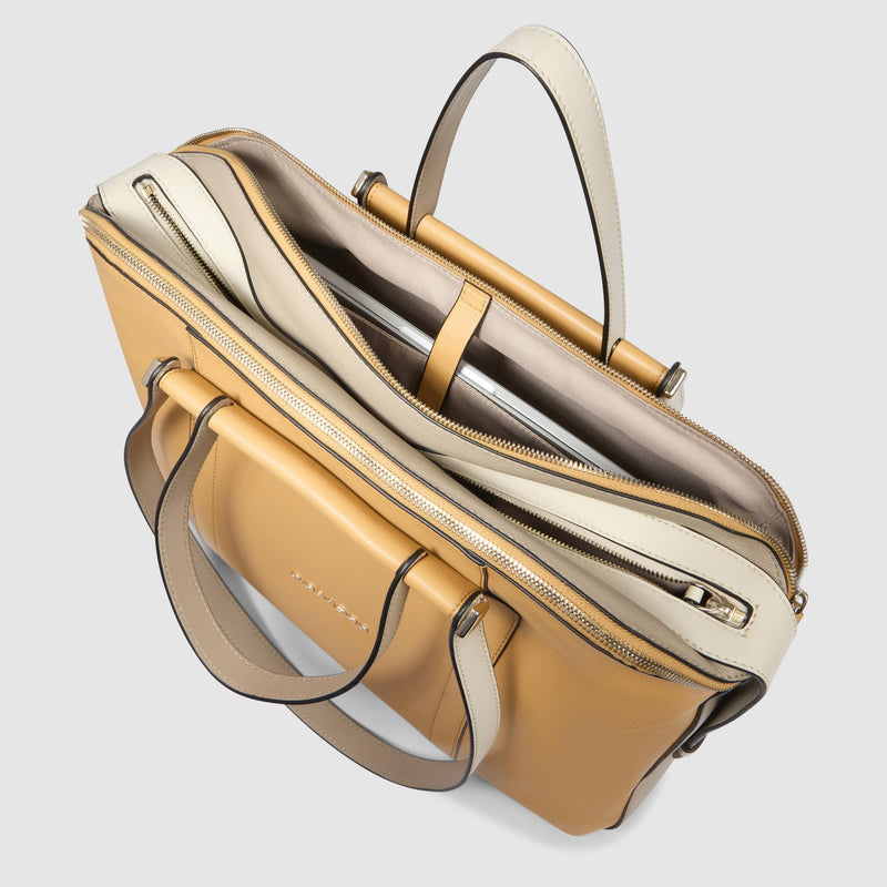Borse Lavoro Piquadro Borsa Donna Porta Pc Ipad Quattro Manici Pelle Gialla Beige