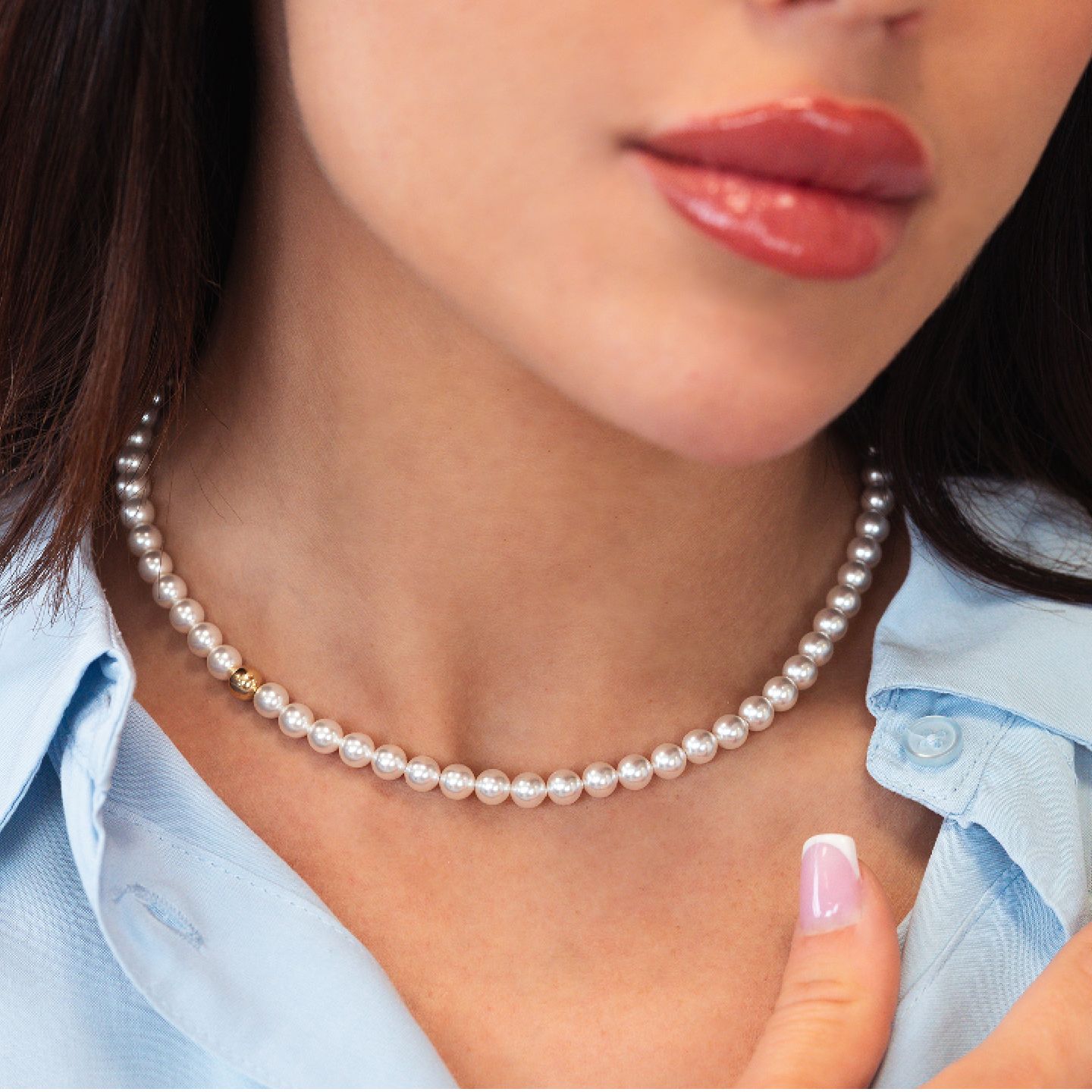 Collana Boccadamo Bottega Filo Di Perle Medie Chiusura e Boule Argento Dorato