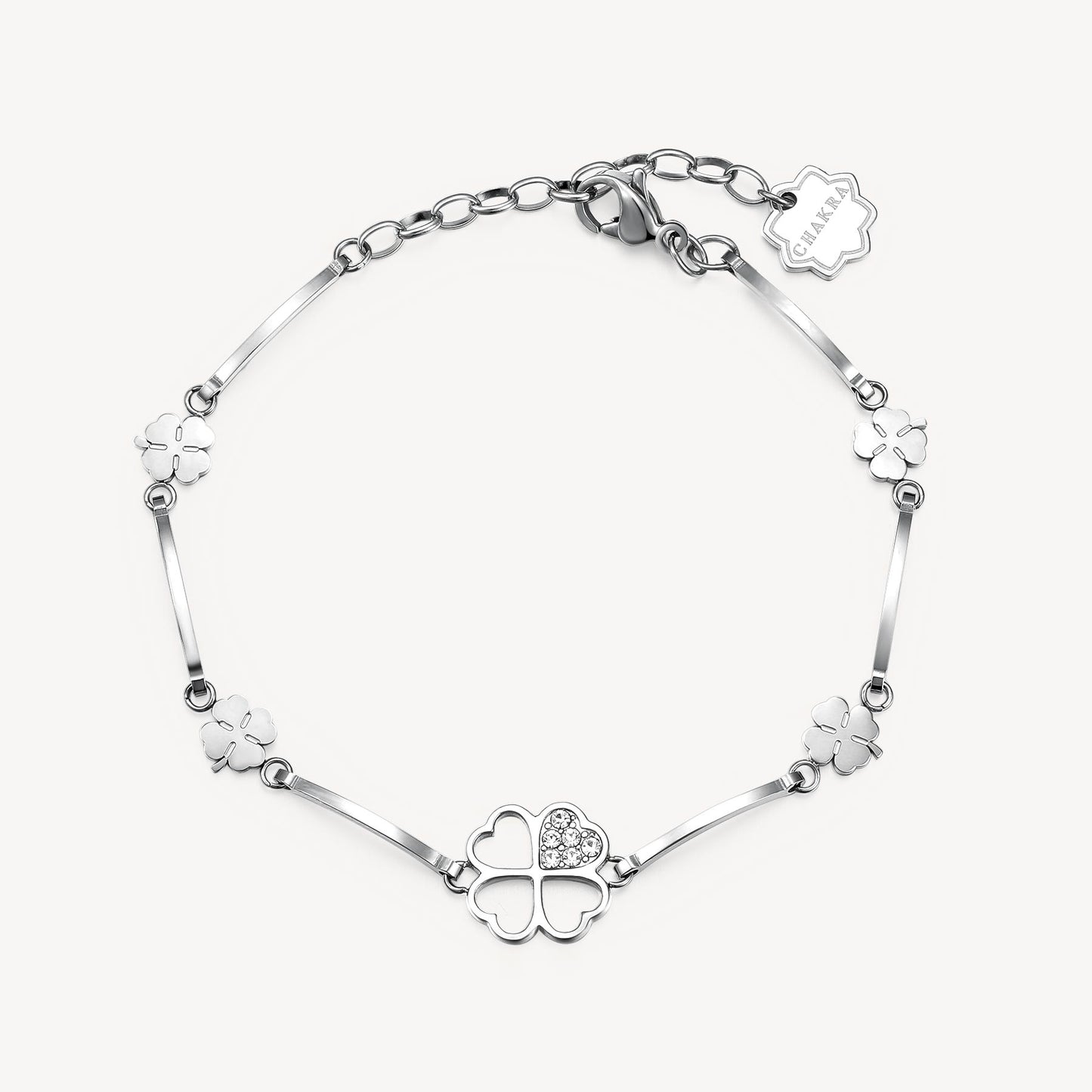 Bracciale Brosway Chakra Portafortuna In Acciaio Con Inserti Quadrifogli+Quadrifoglio Cristalli Centrale