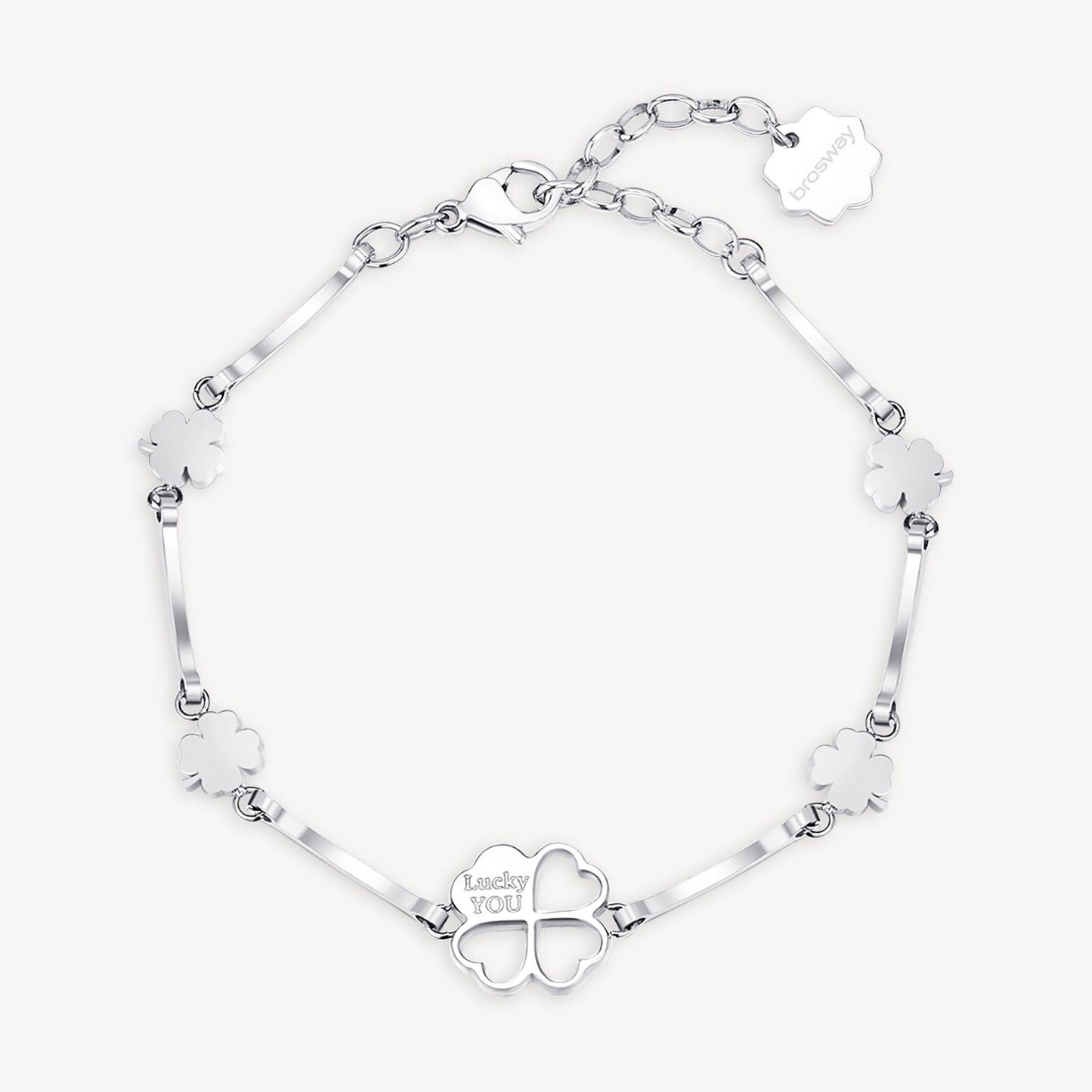 Bracciale Brosway Chakra Portafortuna In Acciaio Con Inserti Quadrifogli+Quadrifoglio Cristalli Centrale