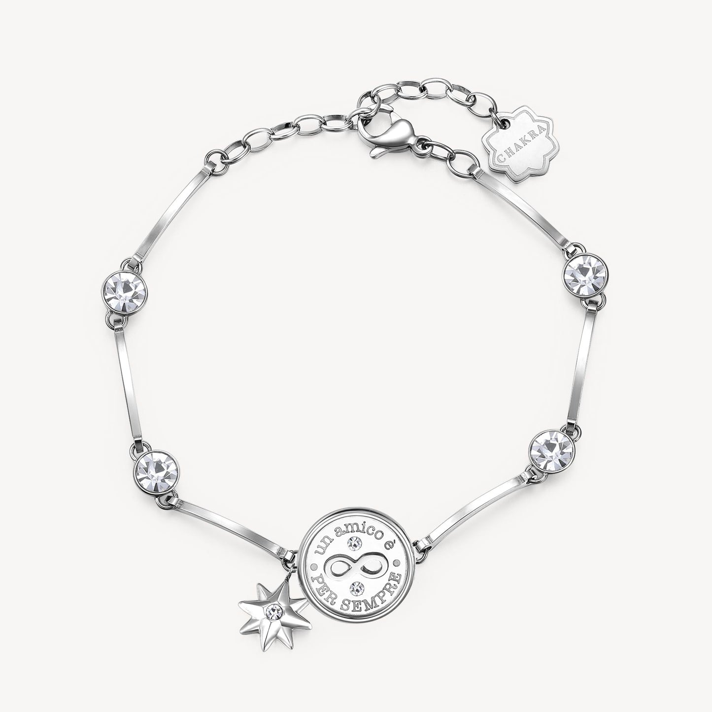 Bracciale Brosway Chakra Famiglia & Affetti In Acciaio Con Cristalli Monetina Centrale Infinito E Scritta "Un Amico è Per Sempre" Charm Stella Cristallo