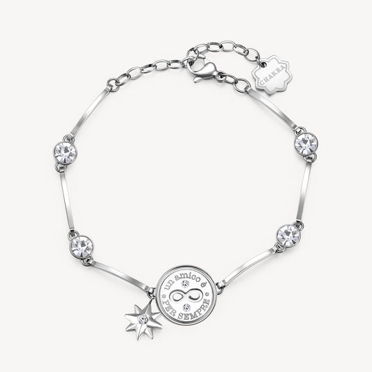 Bracciale Brosway Chakra Famiglia & Affetti In Acciaio Con Cristalli Monetina Centrale Infinito E Scritta "Un Amico è Per Sempre" Charm Stella Cristallo