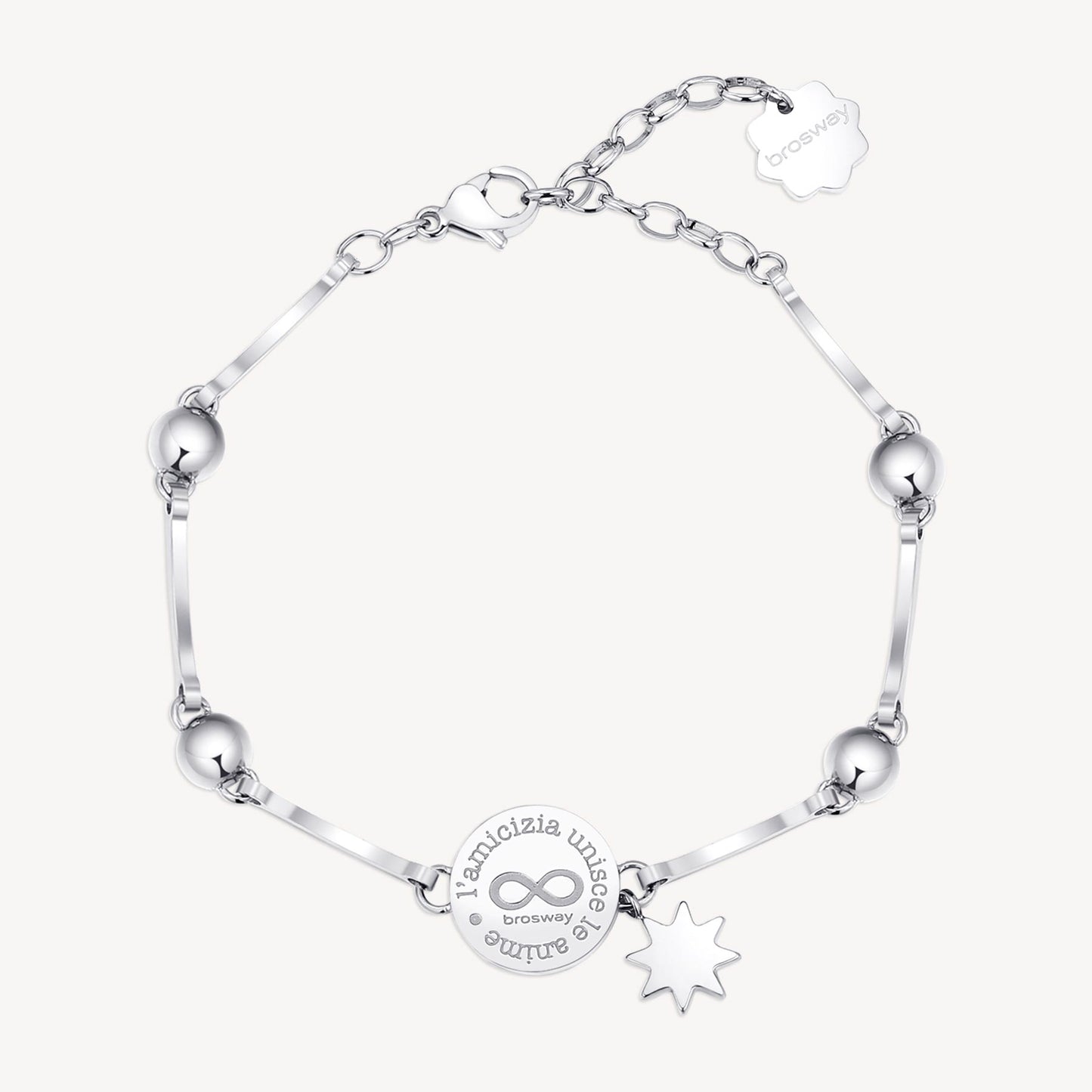 Bracciale Brosway Chakra Famiglia & Affetti In Acciaio Con Cristalli Monetina Centrale Infinito E Scritta "Un Amico è Per Sempre" Charm Stella Cristallo