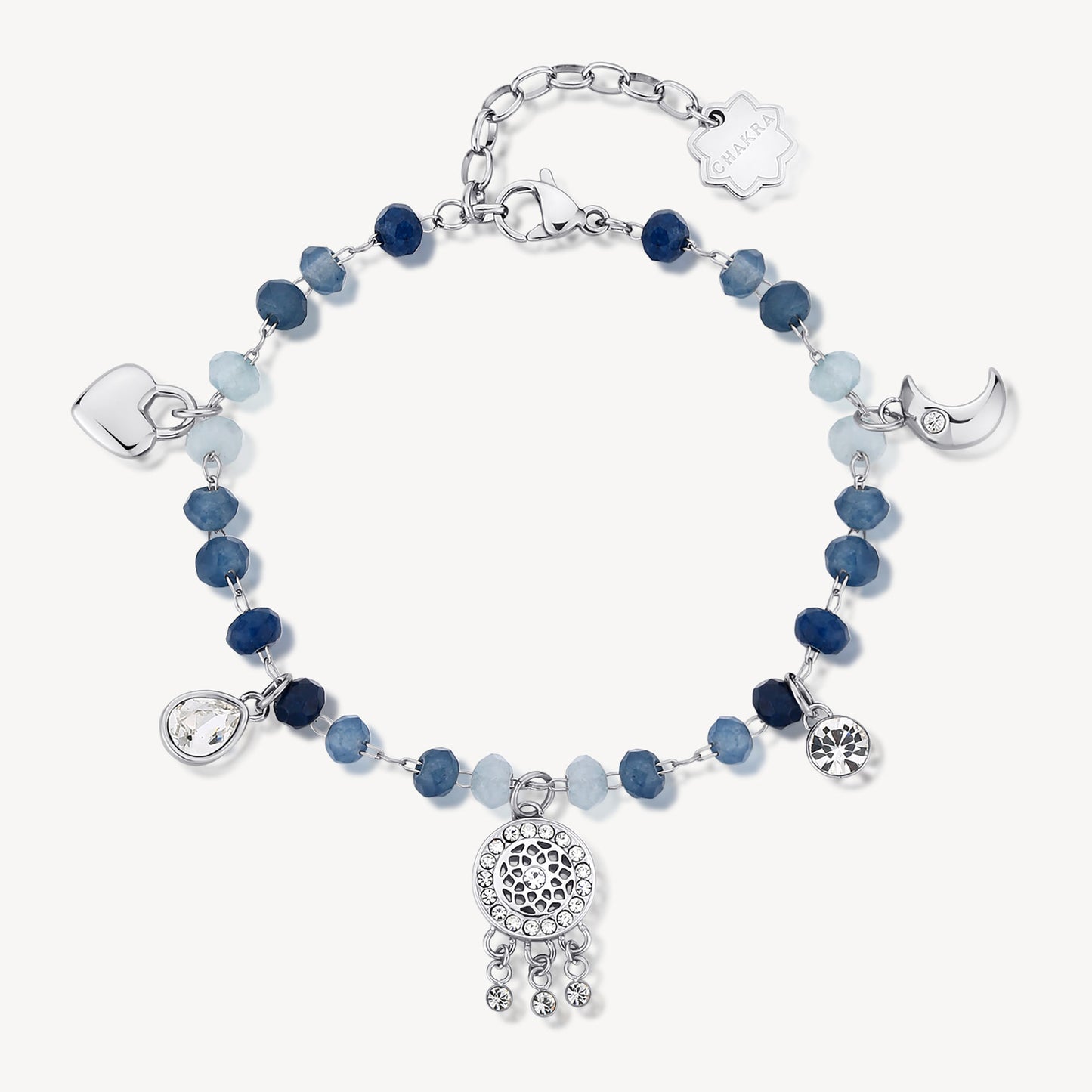Bracciale Brosway Chakra Mistici Acchiappasogni In Acciaio Con Sferette Pietre Dure Blu Azzurre Charms Cuore Mezzaluna Cristalli Acchiappasogni Cristalli