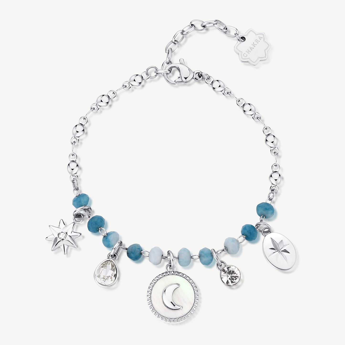 Collana Brosway Chakra Mistici Luna In Acciaio Sferette Azzurre e Pendenti