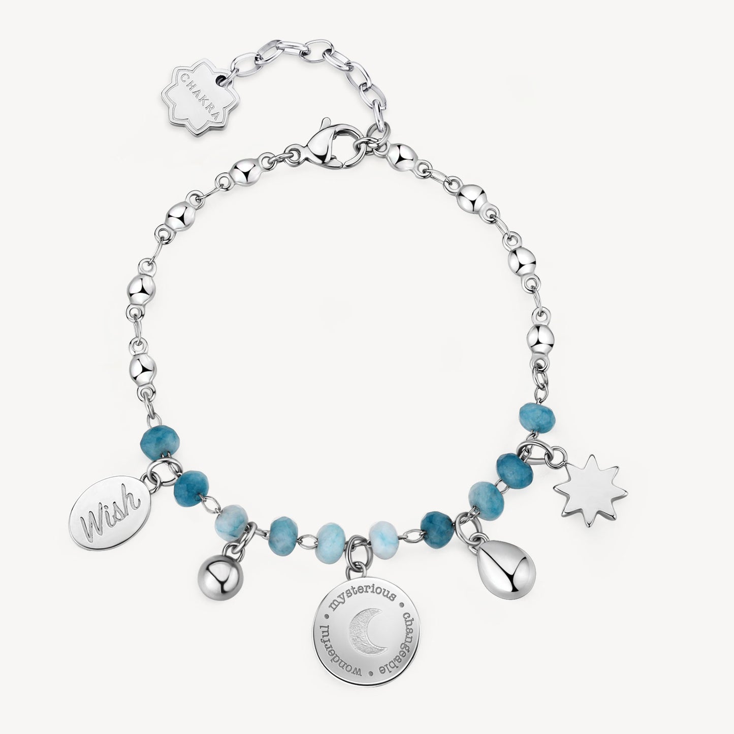 Collana Brosway Chakra Mistici Luna In Acciaio Sferette Azzurre e Pendenti