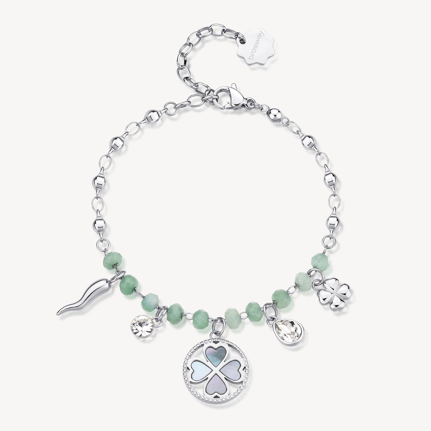Bracciale Brosway Chakra Portafortuna Quadrifoglio In Acciaio Con Sferette Pietre Dure Verdi Charms Quadrifoglio Cornetto Cristalli Quadrifoglio Madreperla