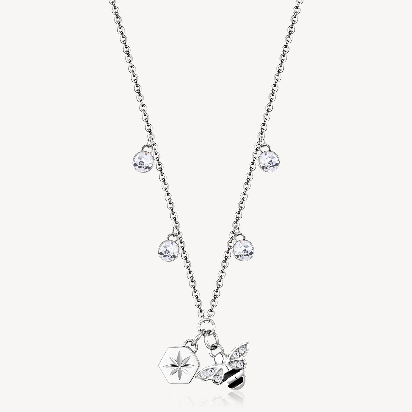 Collana Brosway Chakra Animali In Acciaio Con 4 Pendenti Punti Luce Cristalli E Ape Cristalli Smalto Nero