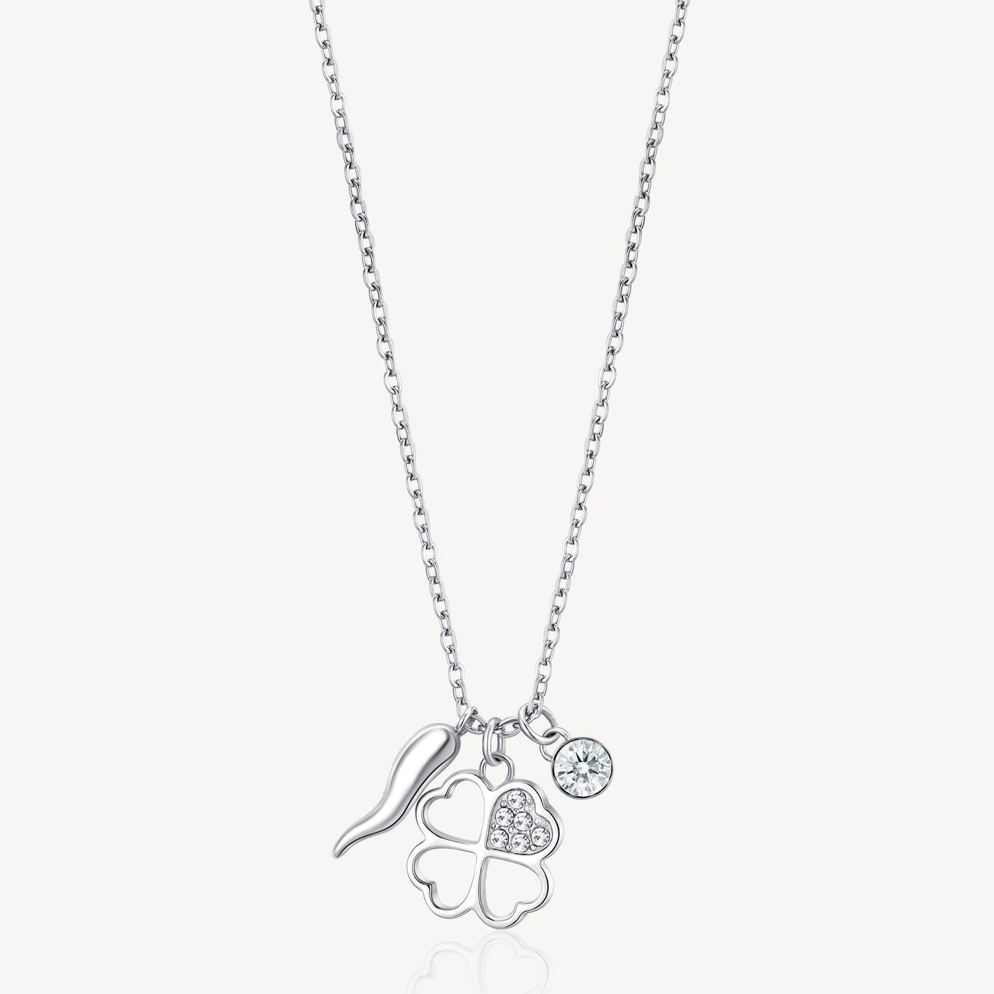 Collana Brosway Chakra Portafortuna In Acciaio Con Tris Di Pendenti Cornetto Punto Luce Cristallo Quadrifoglio Cristalli