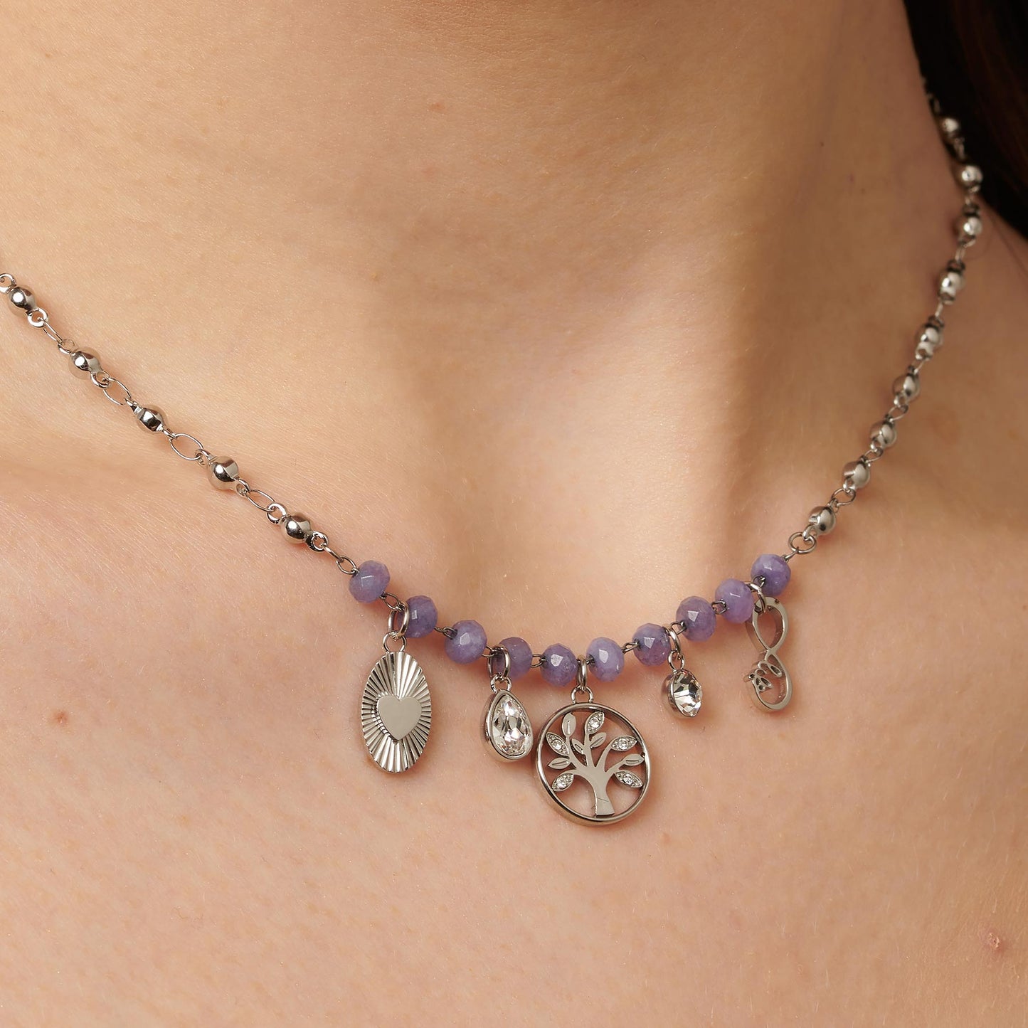 Collana Brosway Chakra Mistici Albero Della Vita In Acciaio Pietre Dure Viola E Pendenti