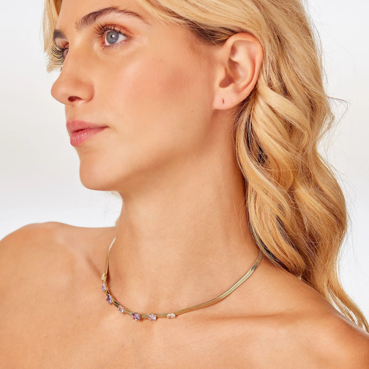 Collana Brosway Dreaming Pvd Oro Maglia Snake Piatta Con Cubic Zirconia Ametista