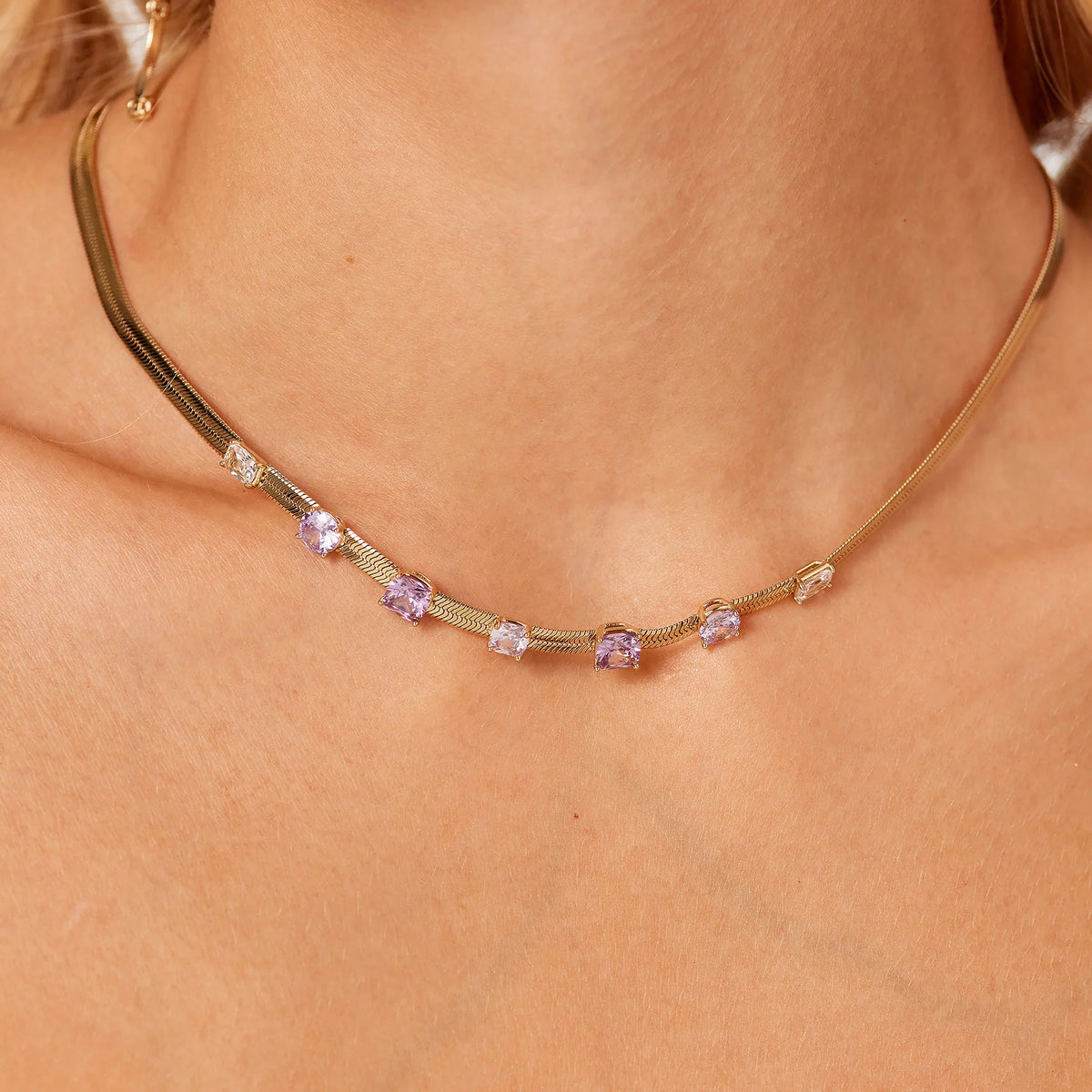 Collana Brosway Dreaming Pvd Oro Maglia Snake Piatta Con Cubic Zirconia Ametista