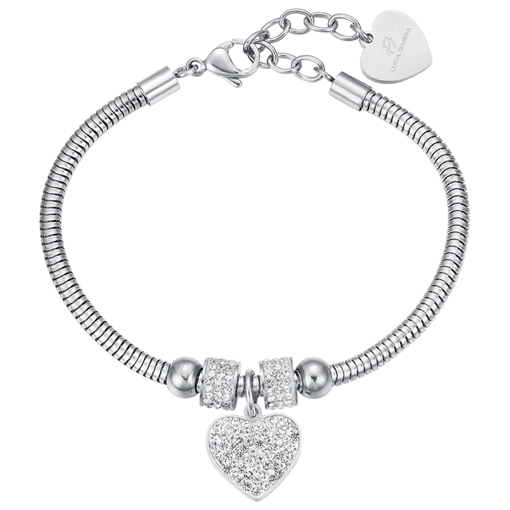 Bracciale Luca Barra Pretty Moment Acciaio Coda Di Topo Rondelle Cristalli Charm Cuore