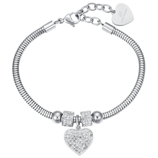 Bracciale Luca Barra Pretty Moment Acciaio Coda Di Topo Rondelle Cristalli Charm Cuore